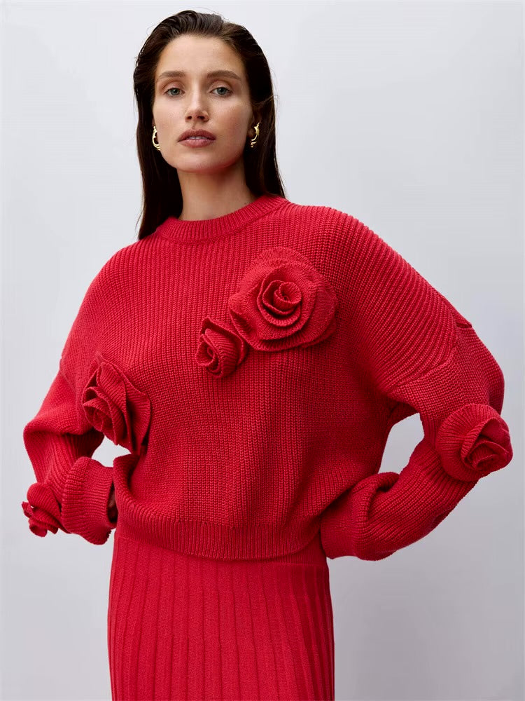 Rose Flower Long Sleeve Knit Top